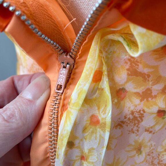 Vintage 60s 70s Orange Yellow Garden Party Chiffon Floral Gown Long Dress 4 6 S - Picture 9 of 9